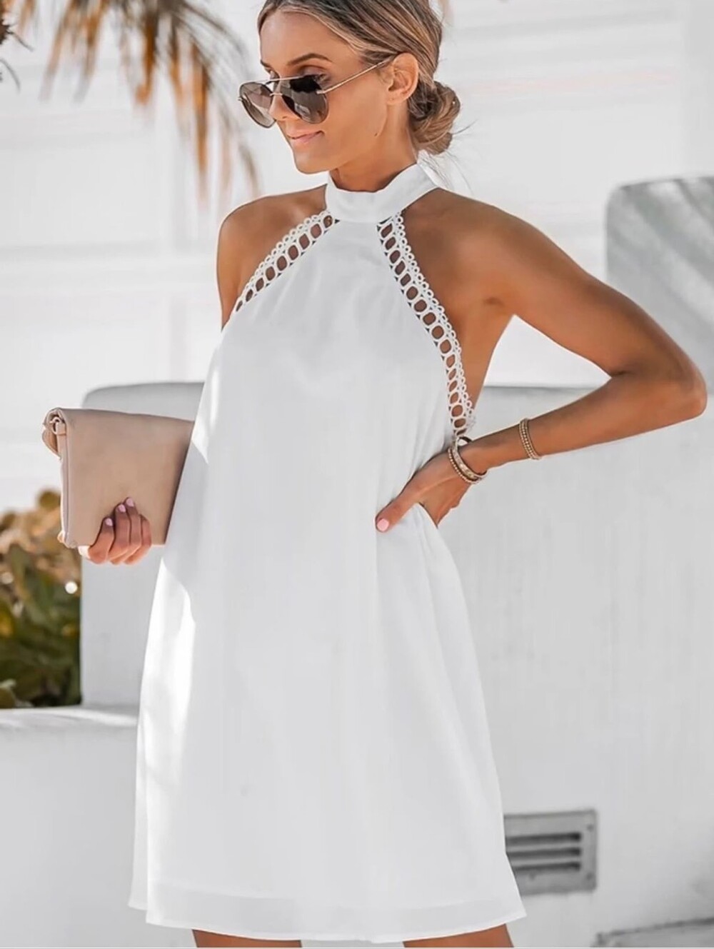 Women's White Halter Lace-Trim Dress